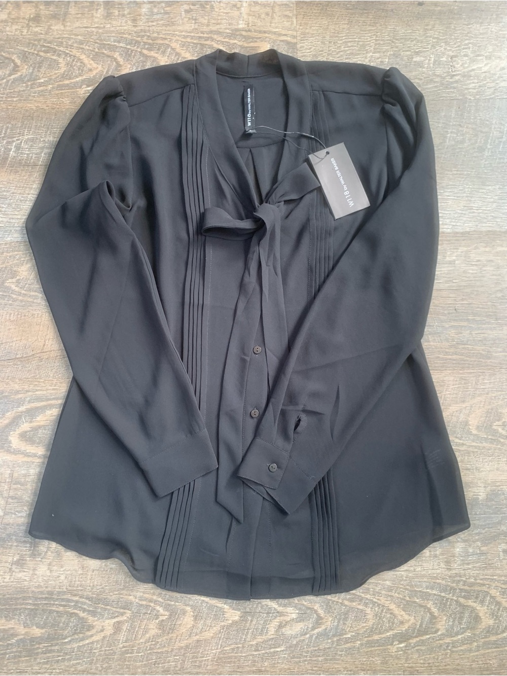 Walter Baker Corporate Siren Sheer Black Tie-Neck Pintuck Blouse